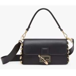 Fendi Women FF Baguette Brooch Fendace Black Leather Bag