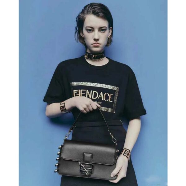 Fendi Women FF Baguette Brooch Fendace Black Leather Bag (9)