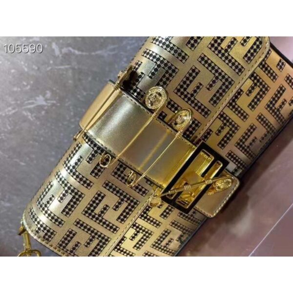 Fendi Women FF Brooch Mini Baguette Fendace Bag Gold Perforated Leather (10)