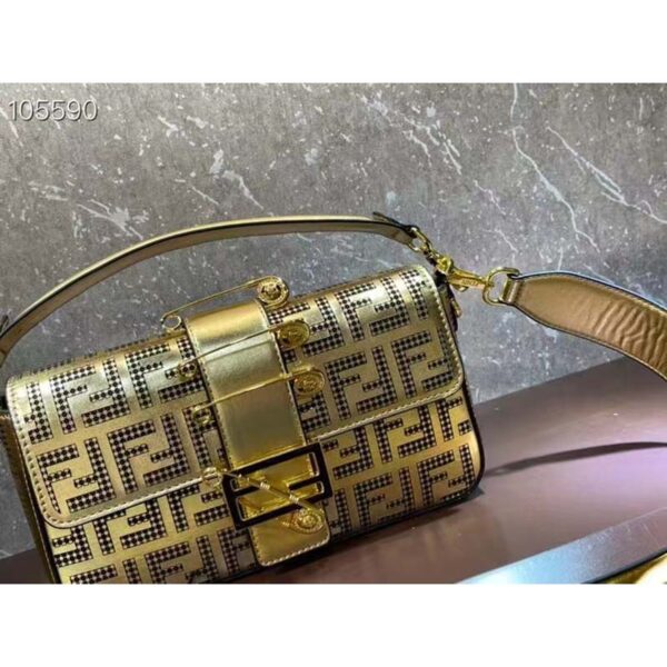 Fendi Women FF Brooch Mini Baguette Fendace Bag Gold Perforated Leather (11)