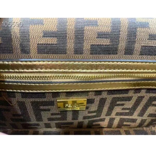Fendi Women FF Brooch Mini Baguette Fendace Bag Gold Perforated Leather (14)