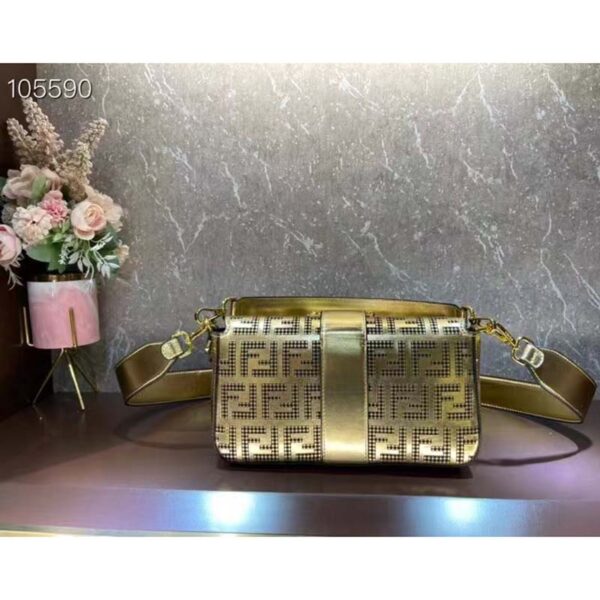 Fendi Women FF Brooch Mini Baguette Fendace Bag Gold Perforated Leather (2)