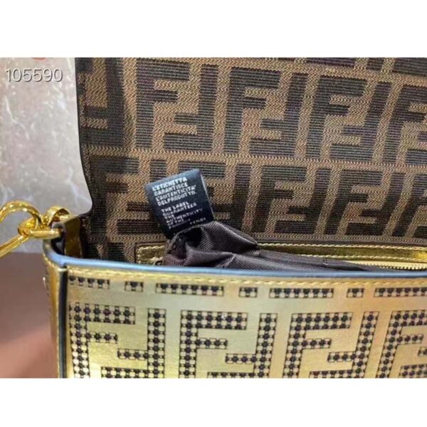Fendi Women FF Brooch Mini Baguette Fendace Bag Gold Perforated Leather (3)