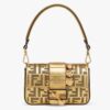 Fendi Women FF Brooch Mini Baguette Fendace Bag Gold Perforated Leather