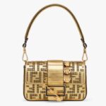 Fendi Women FF Brooch Mini Baguette Fendace Bag Gold Perforated Leather