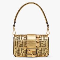 Fendi Women FF Brooch Mini Baguette Fendace Bag Gold Perforated Leather (4)