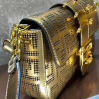 Fendi Women FF Brooch Mini Baguette Fendace Bag Gold Perforated Leather (4)