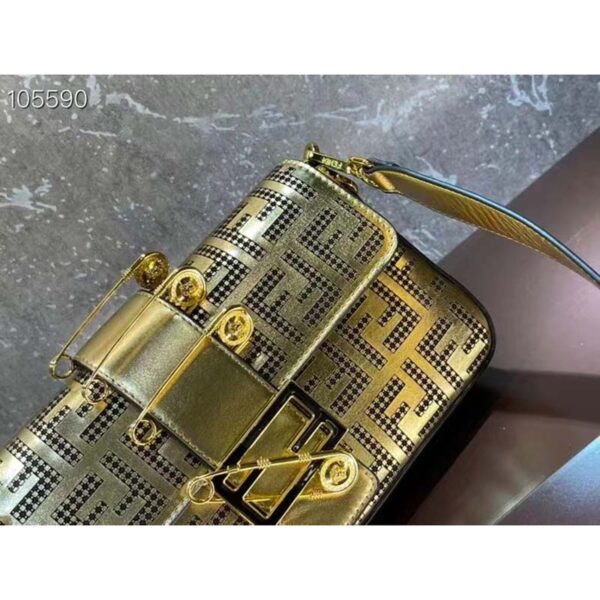 Fendi Women FF Brooch Mini Baguette Fendace Bag Gold Perforated Leather (7)