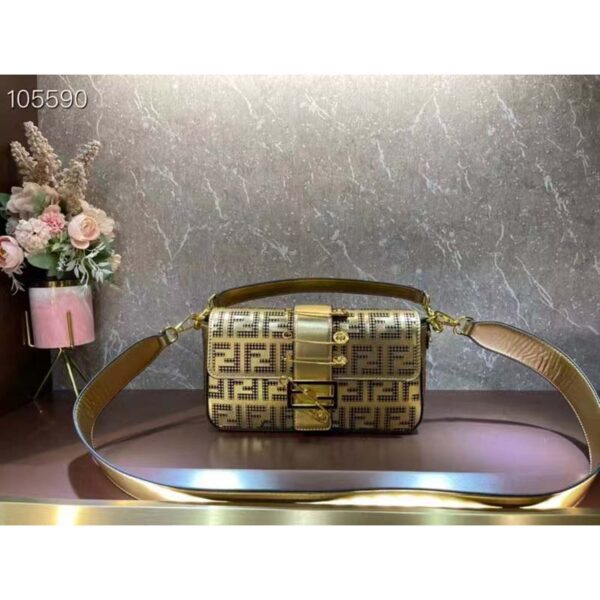 Fendi Women FF Brooch Mini Baguette Fendace Bag Gold Perforated Leather (8)