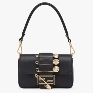 Fendi Women FF Brooch Mini Baguette Fendace Black Leather Bag