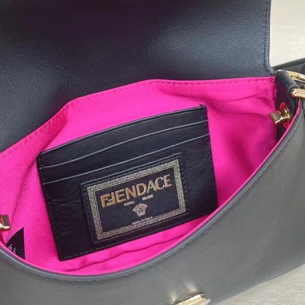 Fendi Women FF Brooch Mini Baguette Fendace Black Leather Bag (8)