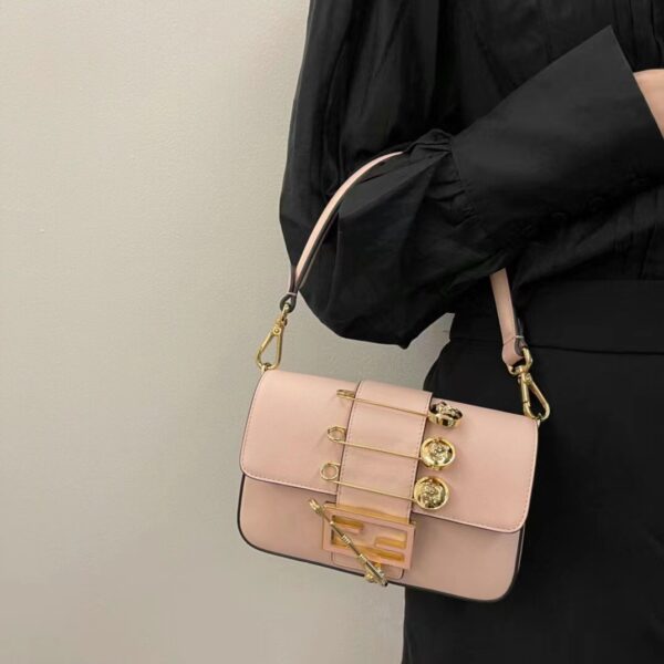 Fendi Women FF Brooch Mini Baguette Fendace Pink Leather Bag (11)