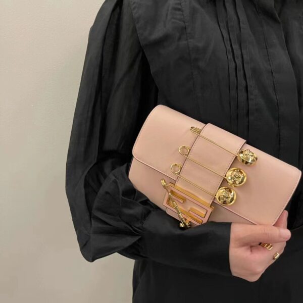 Fendi Women FF Brooch Mini Baguette Fendace Pink Leather Bag (4)