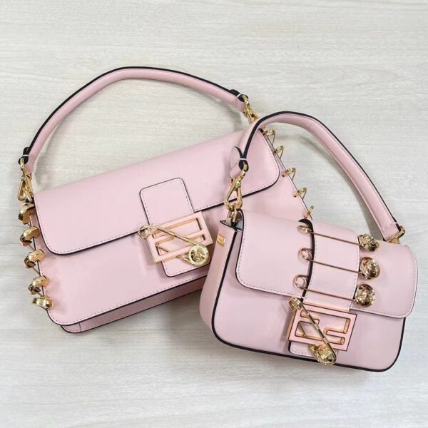 Fendi Women FF Brooch Mini Baguette Fendace Pink Leather Bag (5)
