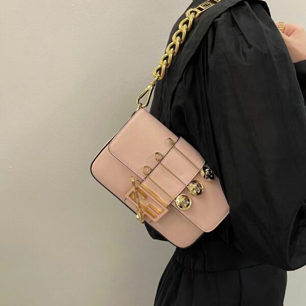 Fendi Women FF Brooch Mini Baguette Fendace Pink Leather Bag (6)