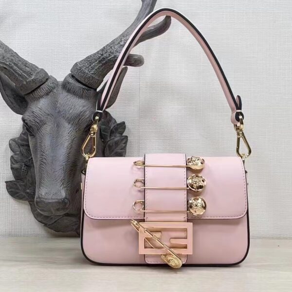 Fendi Women FF Brooch Mini Baguette Fendace Pink Leather Bag (9)