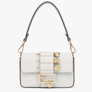 Fendi Women FF Brooch Mini Baguette Fendace White Leather Bag