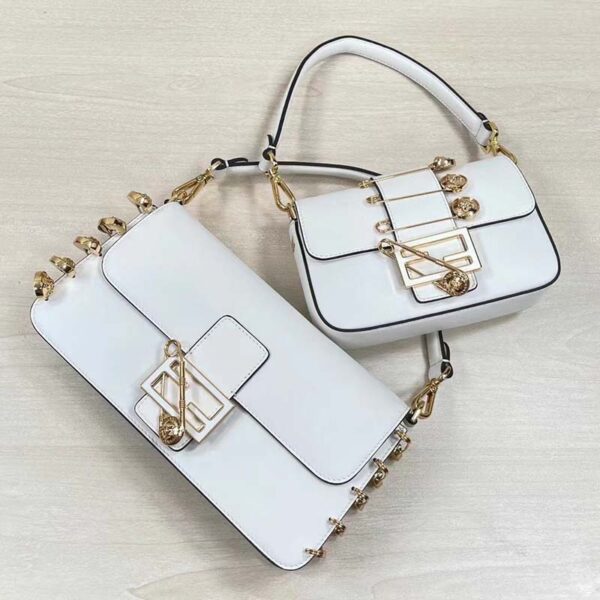 Fendi Women FF Brooch Mini Baguette Fendace White Leather Bag (15)