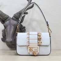 Fendi Women FF Brooch Mini Baguette Fendace White Leather Bag (11)