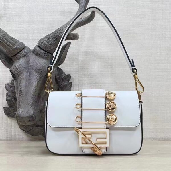 Fendi Women FF Brooch Mini Baguette Fendace White Leather Bag (2)