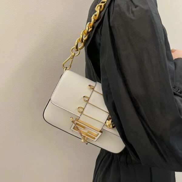 Fendi Women FF Brooch Mini Baguette Fendace White Leather Bag (9)