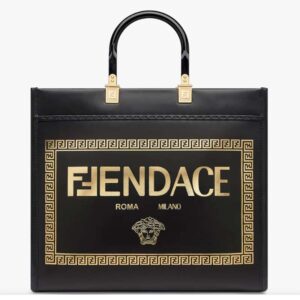 Fendi Women FF Sunshine Medium Fendace Printed Black Leather Logo Shopper