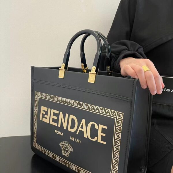 Fendi Women FF Sunshine Medium Fendace Printed Black Leather Logo Shopper (11)