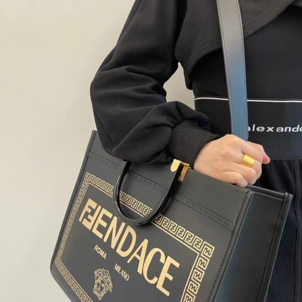 Fendi Women FF Sunshine Medium Fendace Printed Black Leather Logo Shopper (3)