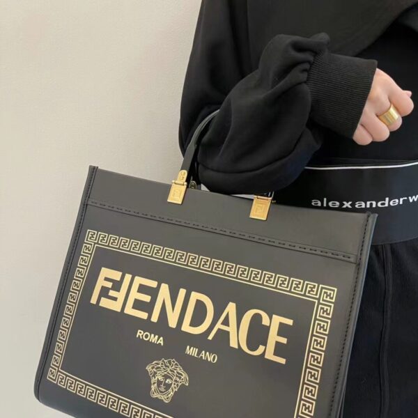 Fendi Women FF Sunshine Medium Fendace Printed Black Leather Logo Shopper (5)