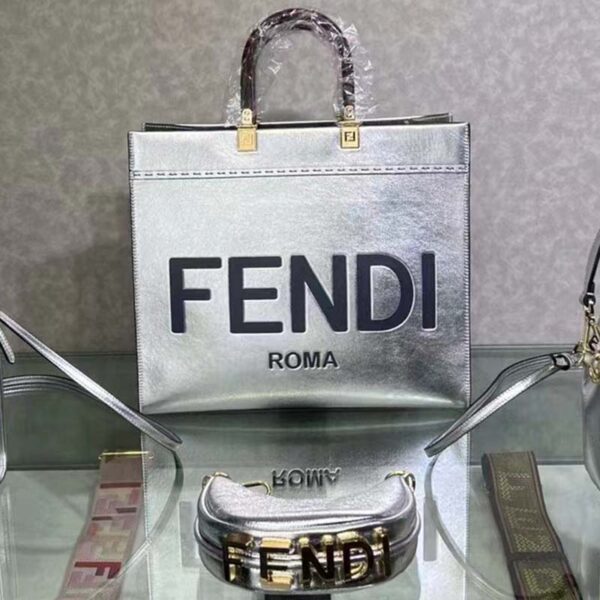 Fendi Women Fendi Sunshine Medium Silver Laminated Leather Shopper (3)
