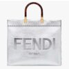 Fendi Women Fendi Sunshine Medium Silver Laminated Leather Shopper