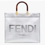 Fendi Women Fendi Sunshine Medium Silver Laminated Leather Shopper