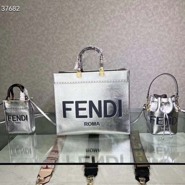 Fendi Women Fendi Sunshine Medium Silver Laminated Leather Shopper (6)