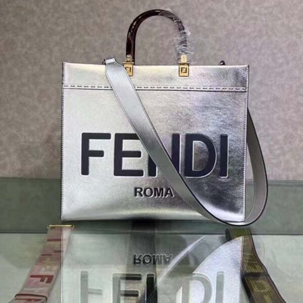 Fendi Women Fendi Sunshine Medium Silver Laminated Leather Shopper (8)