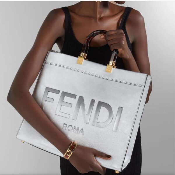 Fendi Women Fendi Sunshine Medium Silver Laminated Leather Shopper (9)