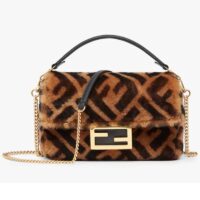 Fendi Women Mini Baguette Brown Sheepskin Sheep Fur Calfskin Bag (6)