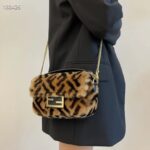 Fendi Women Mini Baguette Brown Sheepskin Sheep Fur Calfskin Bag - Image 13