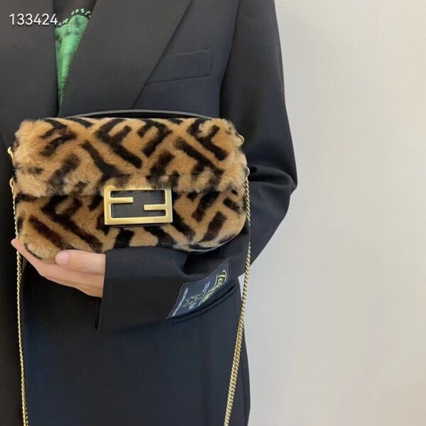 Fendi Women Mini Baguette Brown Sheepskin Sheep Fur Calfskin Bag (9)