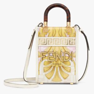 Fendi Women Mini Sunshine Shopper Fendace Printed White FF Leather Mini Bag