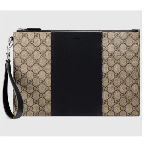 Gucci Unisex GG Supreme Pouch Beige Ebony GG Supreme Canvas Black Leather (2)