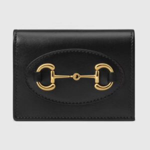 Gucci Unisex Horsebit 1955 Card Case Wallet Black Leather Five Cards Slots