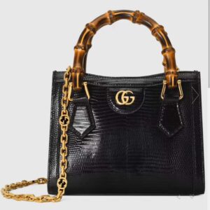 Gucci Women GG Diana Lizard Mini Bag Black Lizard Shiny Antique