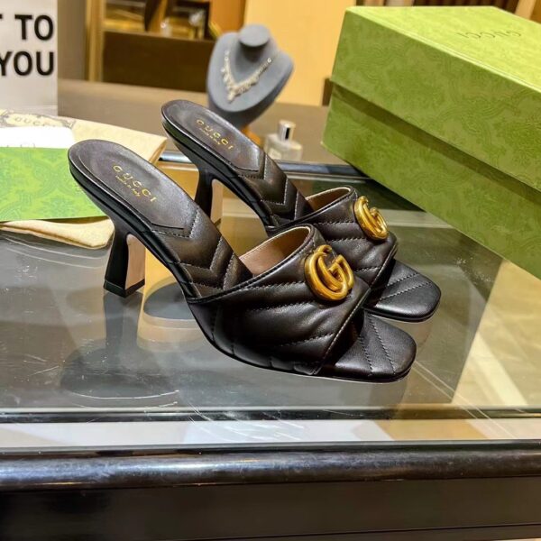 Gucci Women GG Double G Slide Sandal Black Chevron Matelassé Leather 7 cm Heel (1)