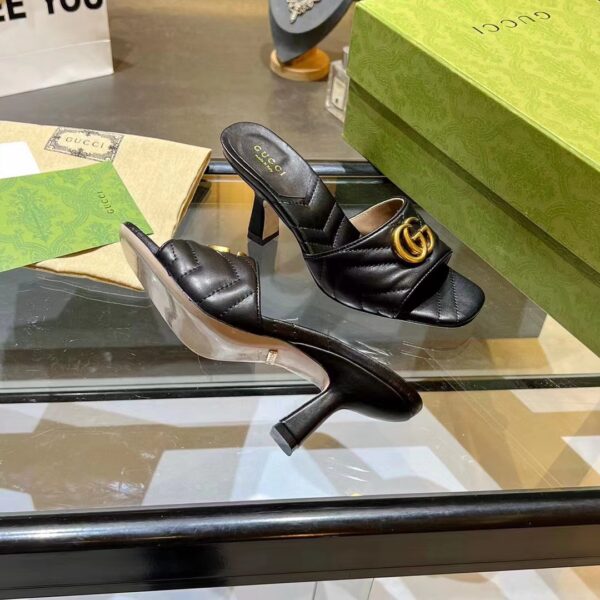 Gucci Women GG Double G Slide Sandal Black Chevron Matelassé Leather 7 cm Heel (11)