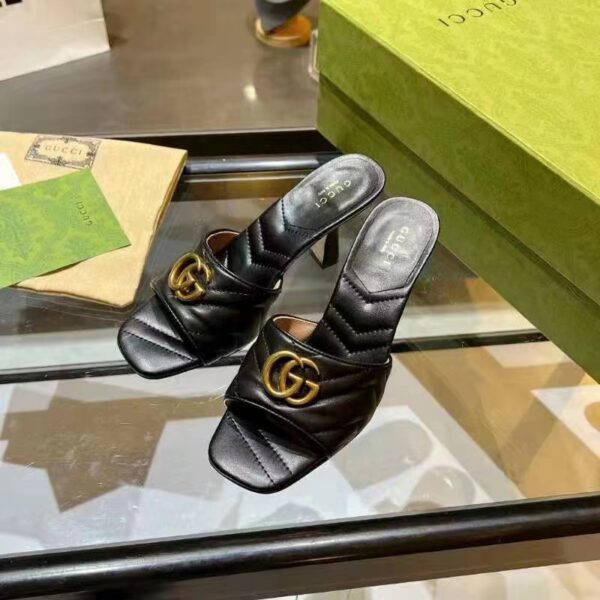 Gucci Women GG Double G Slide Sandal Black Chevron Matelassé Leather 7 cm Heel (12)