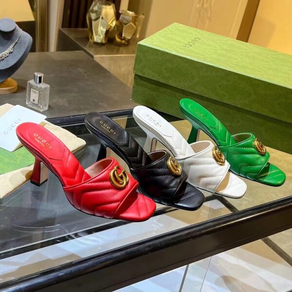 Gucci Women GG Double G Slide Sandal Black Chevron Matelassé Leather 7 cm Heel (4)