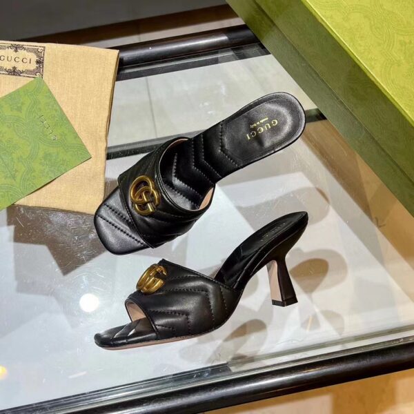 Gucci Women GG Double G Slide Sandal Black Chevron Matelassé Leather 7 cm Heel (6)