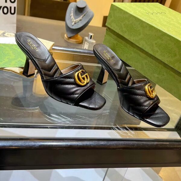 Gucci Women GG Double G Slide Sandal Black Chevron Matelassé Leather 7 cm Heel (9)
