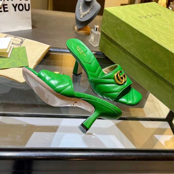 Gucci Women GG Double G Slide Sandal Emerald Green Chevron Matelassé Leather 7.6 cm Heel (1)