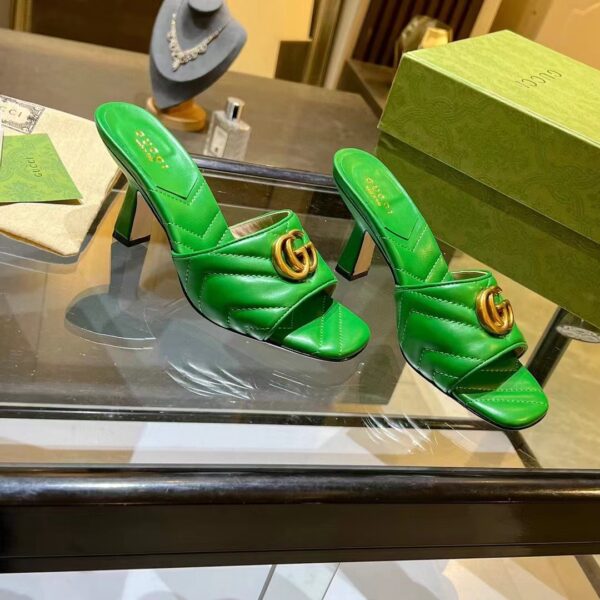 Gucci Women GG Double G Slide Sandal Emerald Green Chevron Matelassé Leather 7.6 cm Heel (10)